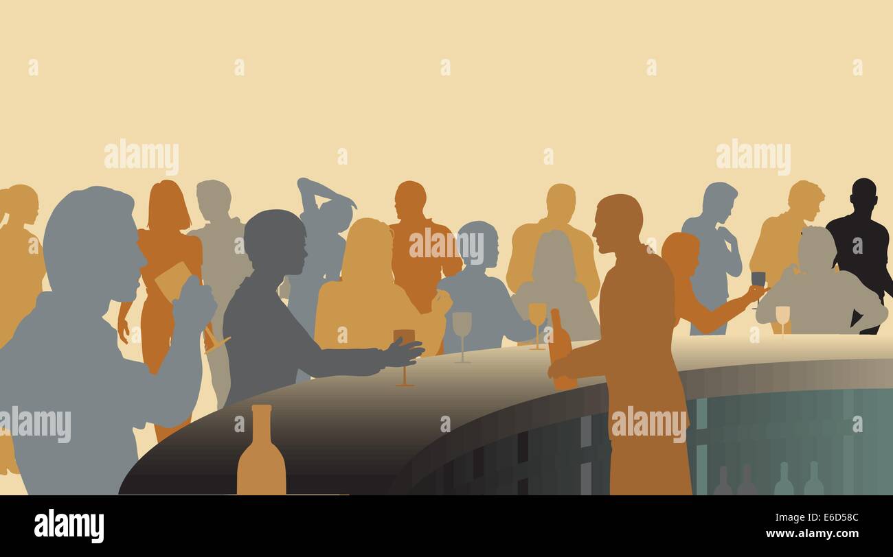 Tonica vettoriale modificabile sagome di persone in un wine bar Illustrazione Vettoriale
