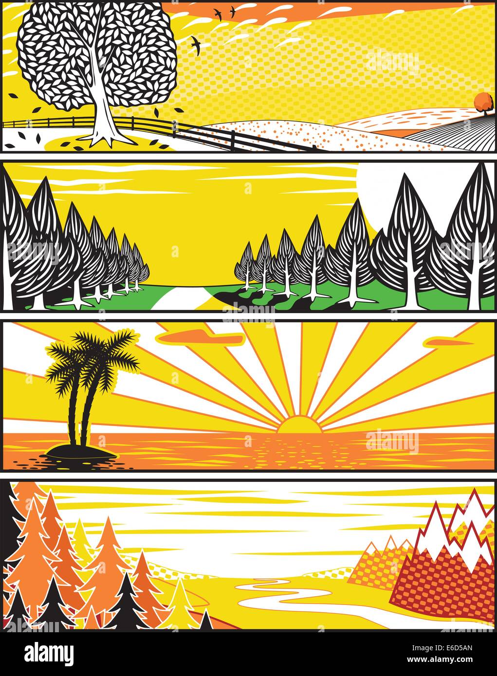 Set di vettore modificabile banner illustrazioni di paesaggi in stile popart Illustrazione Vettoriale