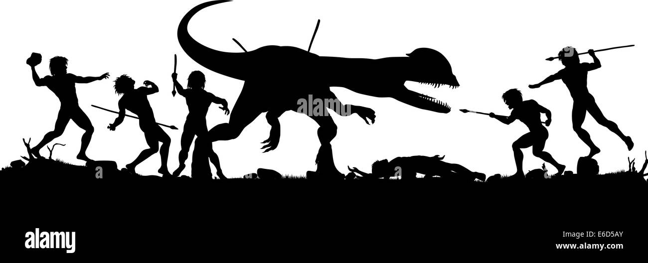 Vettoriale modificabile di silhouette cavemen combattendo contro un dinosauro Dilophosaurus con tutti gli elementi come oggetti separati Illustrazione Vettoriale