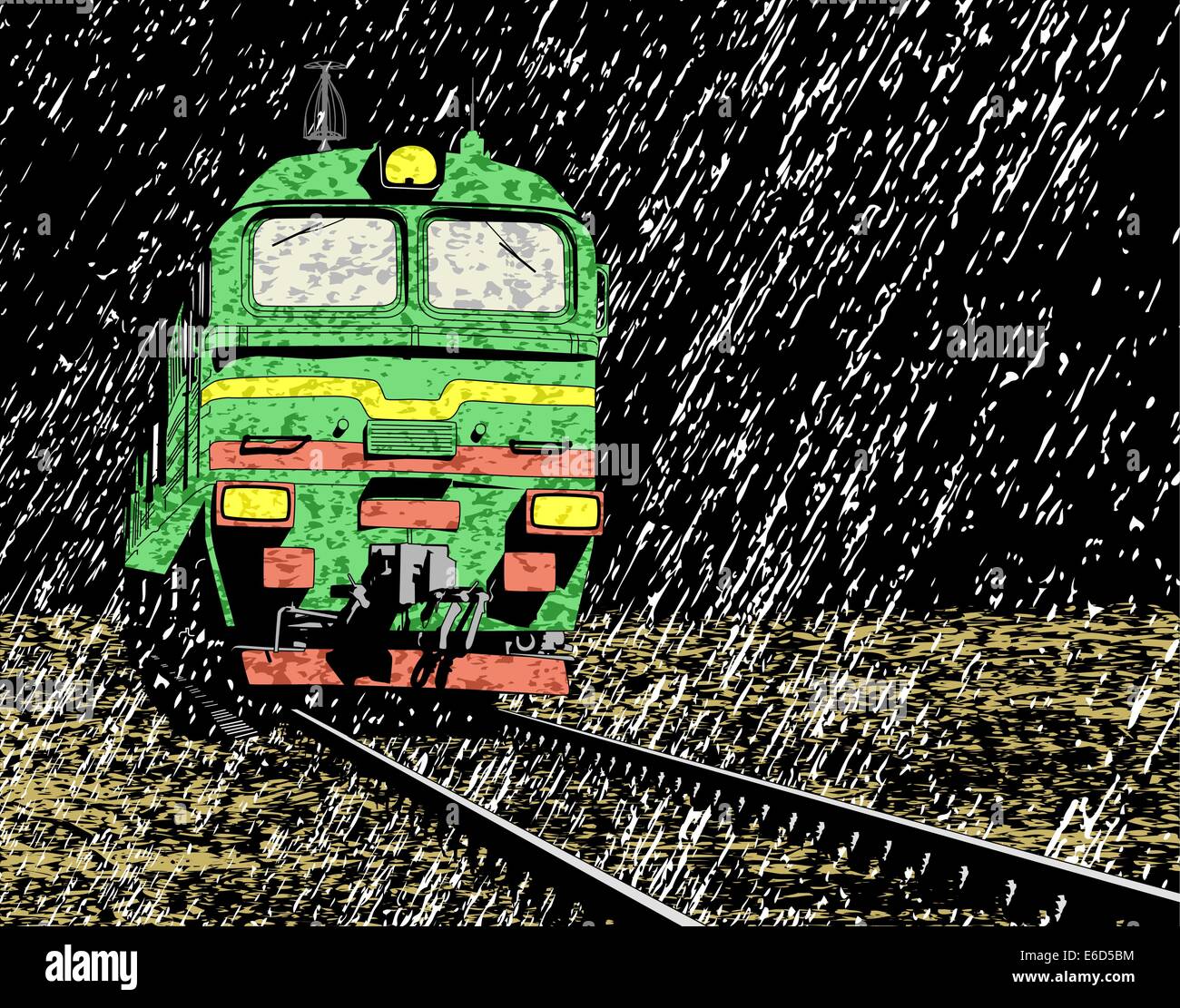 Illustrazione vettoriale di un treno russo in caso di pioggia durante la notte Illustrazione Vettoriale