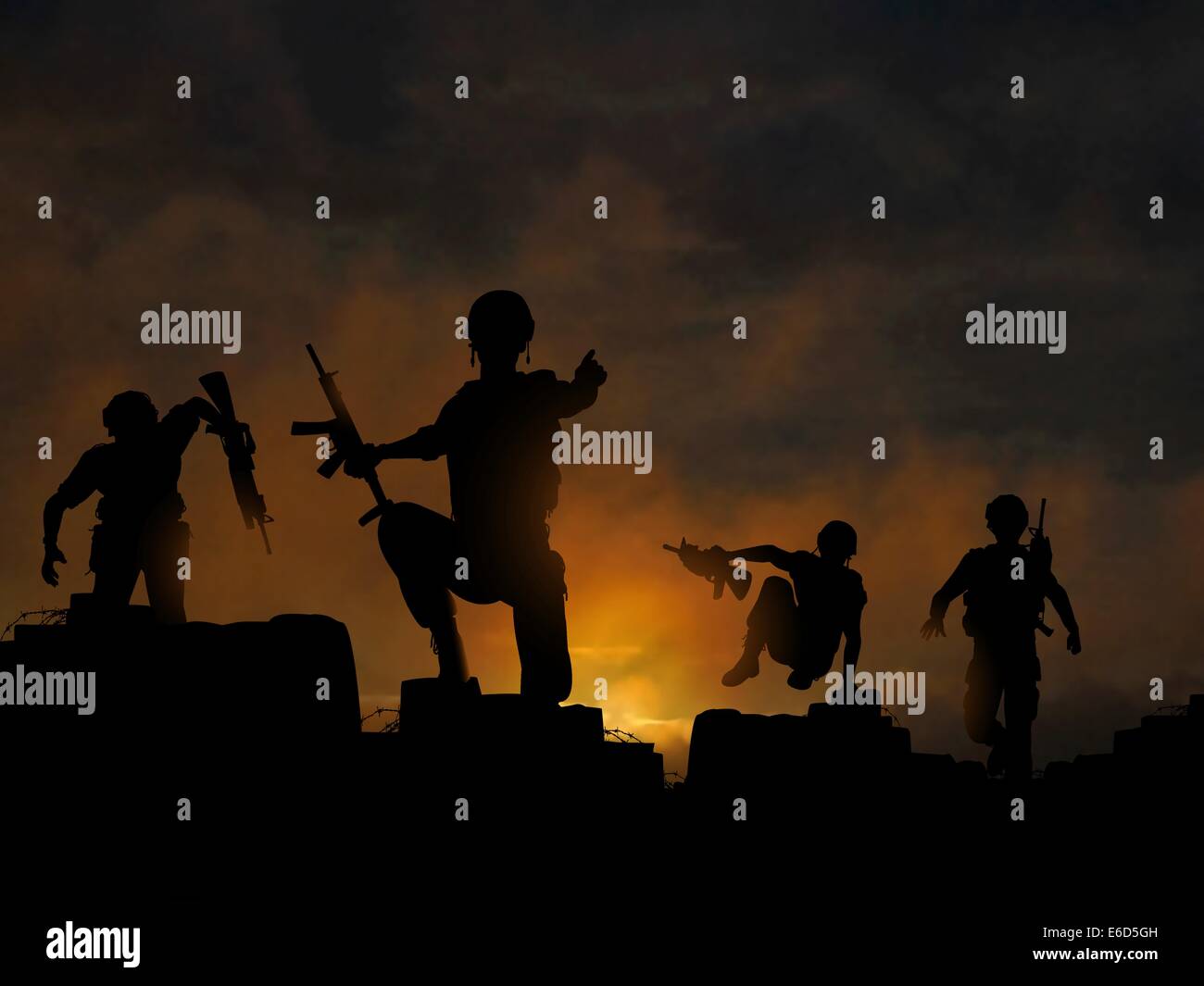 Drammatica illustrazione vettoriale di soldati avanzando all'alba o al tramonto, realizzata con un gradiente mesh Illustrazione Vettoriale