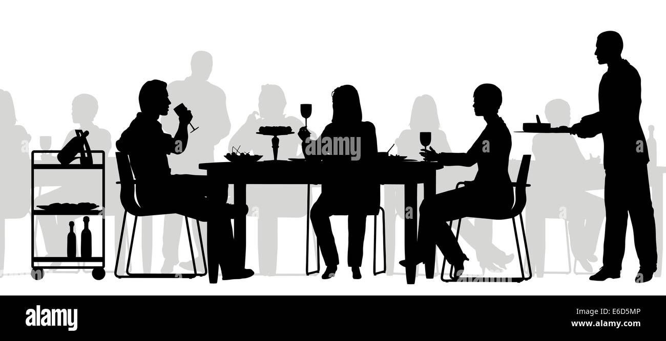 Vettore modificabile silhouette di persone di mangiare in un ristorante con tutti i dati come oggetti separati Illustrazione Vettoriale