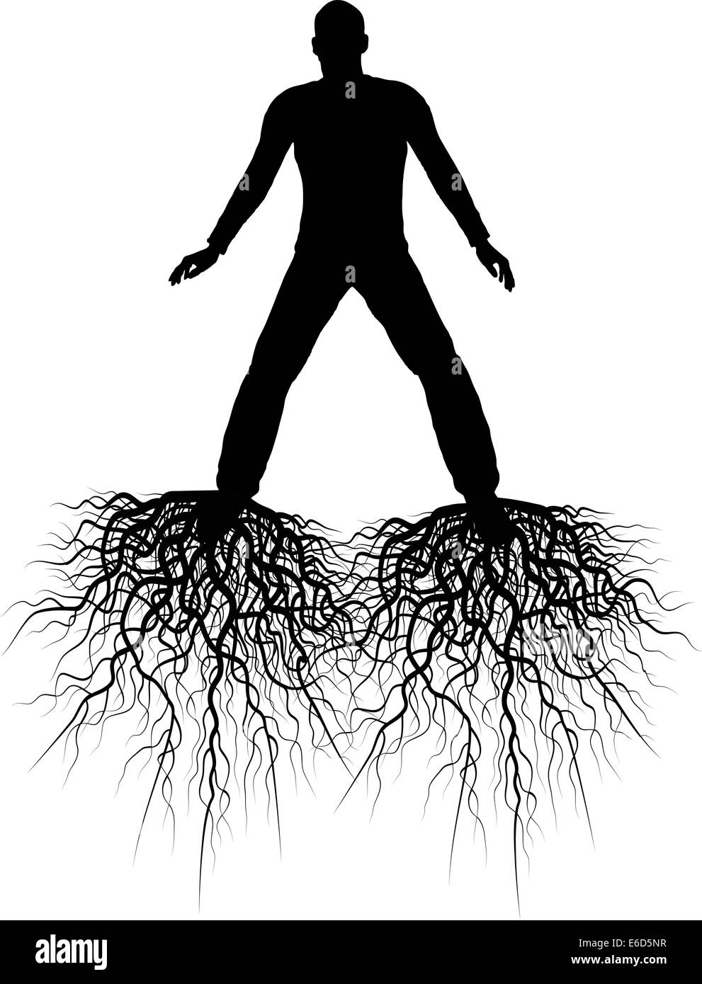 Vettore modificabile silhouette di un uomo con radici da suoi piedi Illustrazione Vettoriale