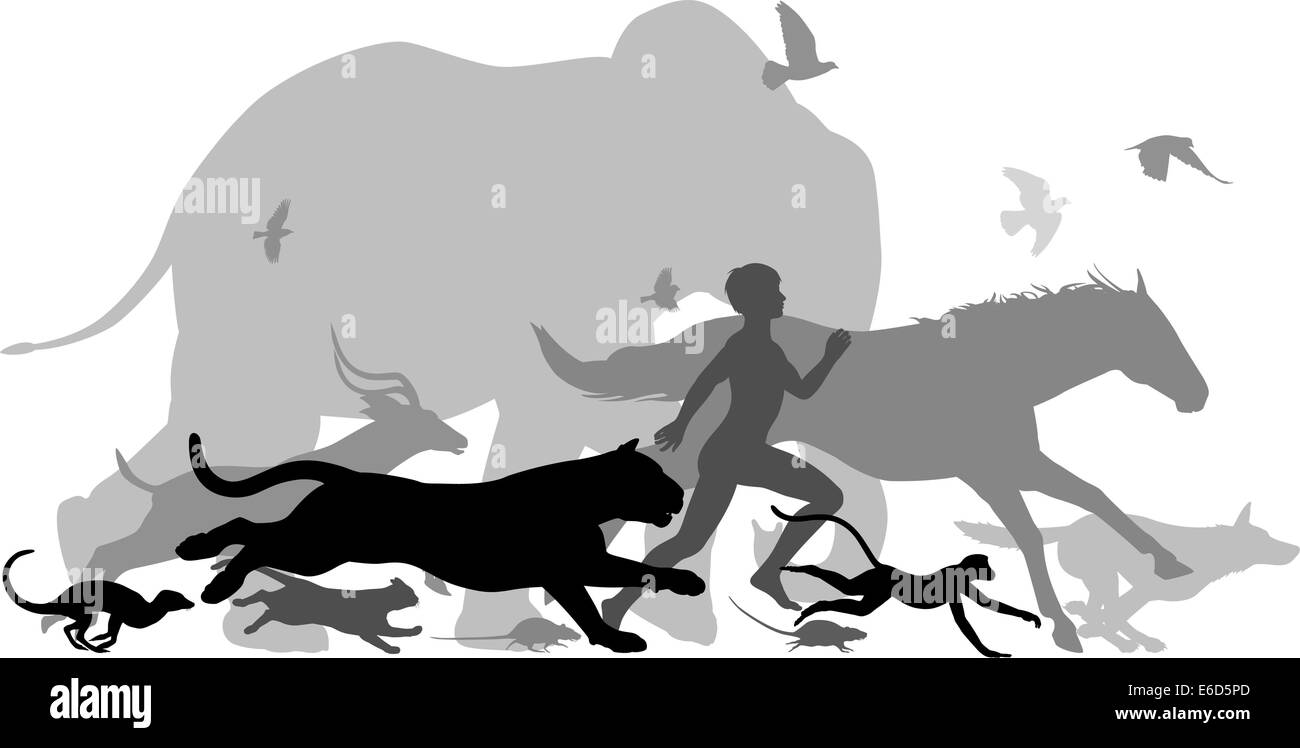 Vettore modificabile sagome di un uomo correre insieme con vari animali Illustrazione Vettoriale