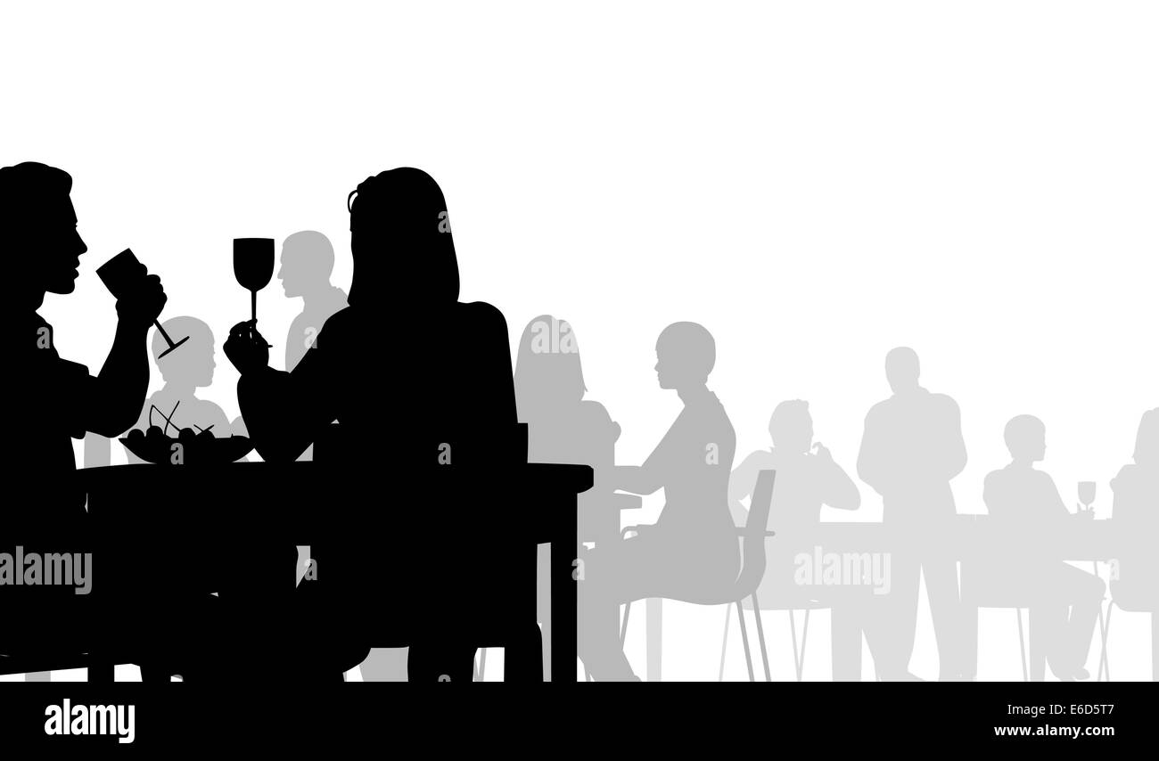 Vettore modificabile silhouette di persone di mangiare in un ristorante Illustrazione Vettoriale