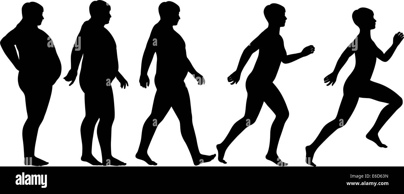 Vettoriale modificabile sequenza silhouette di un uomo di perdere peso e fitness guadagnando attraverso l'esercizio Illustrazione Vettoriale