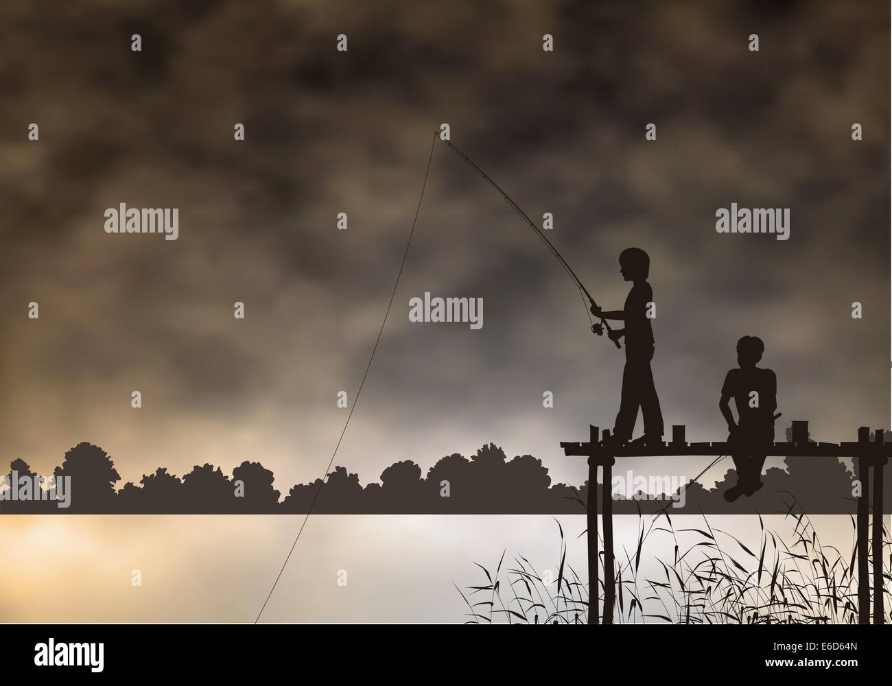 Vettoriale modificabile di scena due ragazzi la pesca da un pontile in legno con sfondo realizzato utilizzando un gradiente mesh Illustrazione Vettoriale