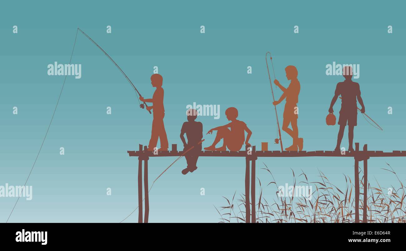 Vettore modificabile sagome di bambini la pesca da un pontile in legno Illustrazione Vettoriale