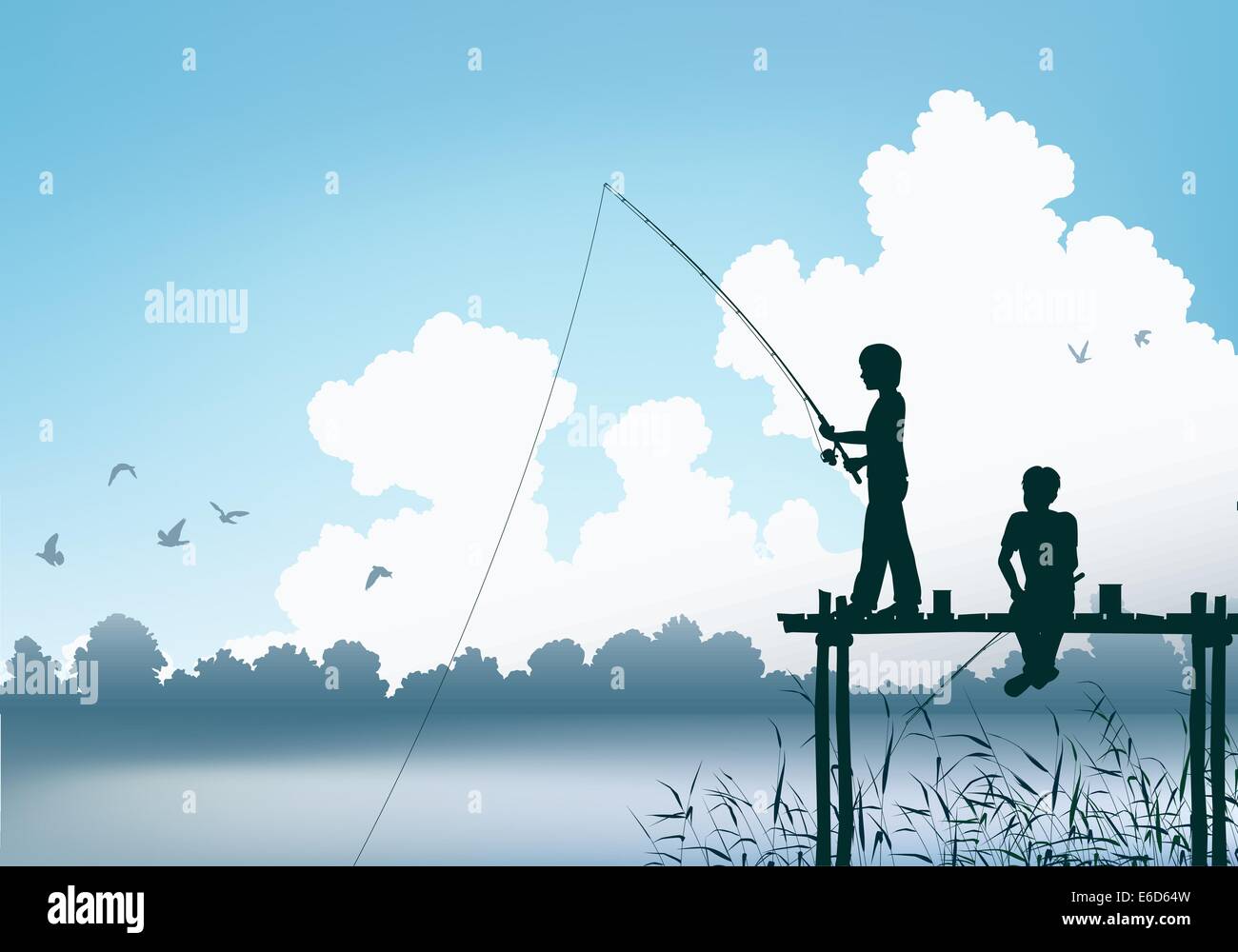 Vettoriale modificabile di scena due ragazzi la pesca da un pontile in legno Illustrazione Vettoriale