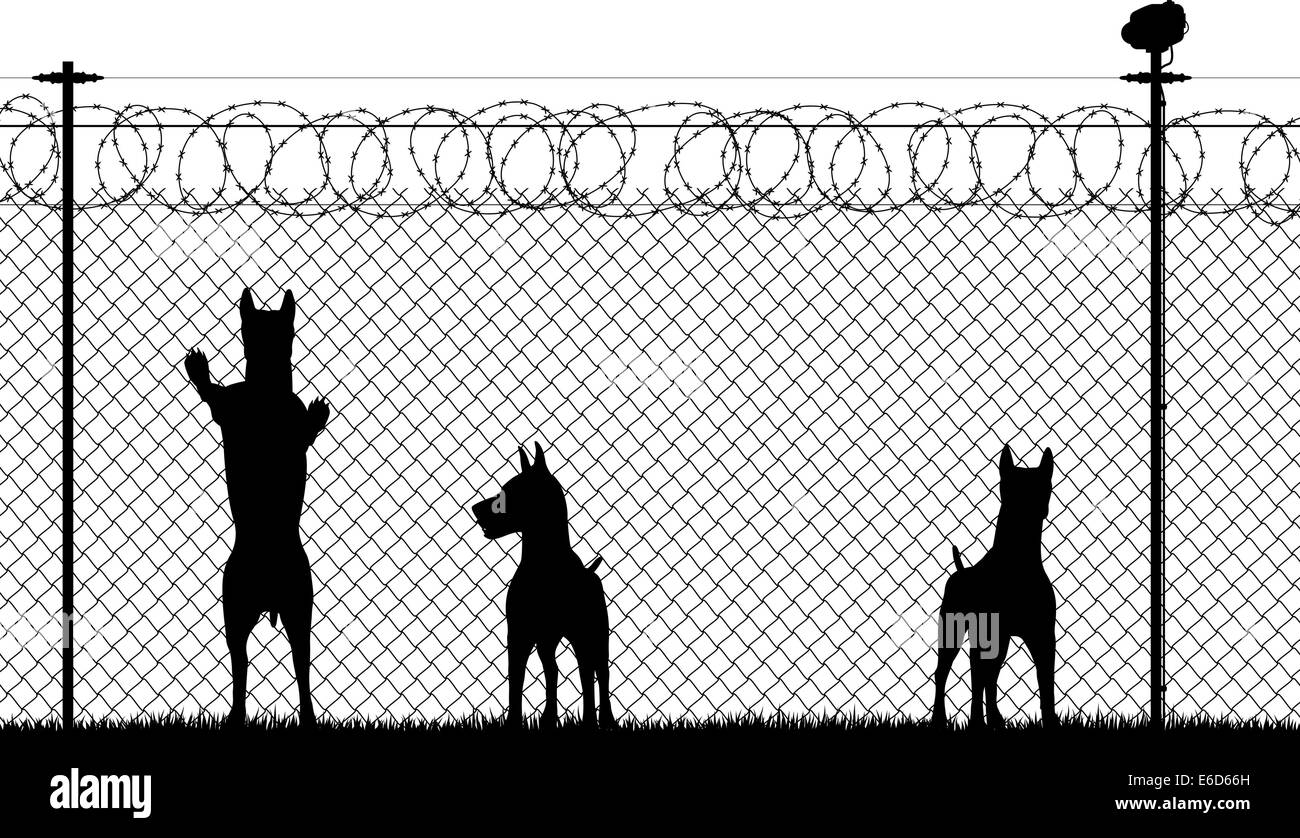 Vettore modificabile silhouette di cani da guardia dietro di una catena di sicurezza con recinzioni di filo spinato e filo elettrico plus videocamera di sicurezza Illustrazione Vettoriale