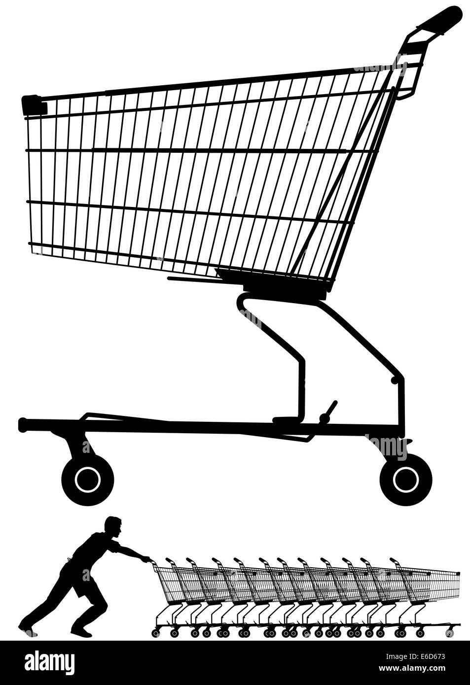Modificabile illustrazione vettoriale di un carrello di shopping silhouette più un lavoratore spingendoli Illustrazione Vettoriale
