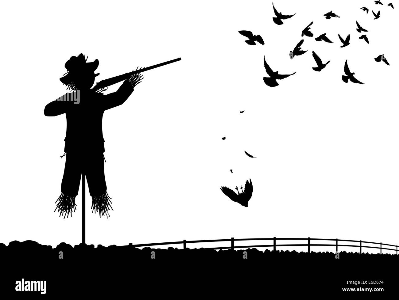 Vettore modificabile silhouette di uno spaventapasseri piccioni di tiro con un fucile da caccia Illustrazione Vettoriale