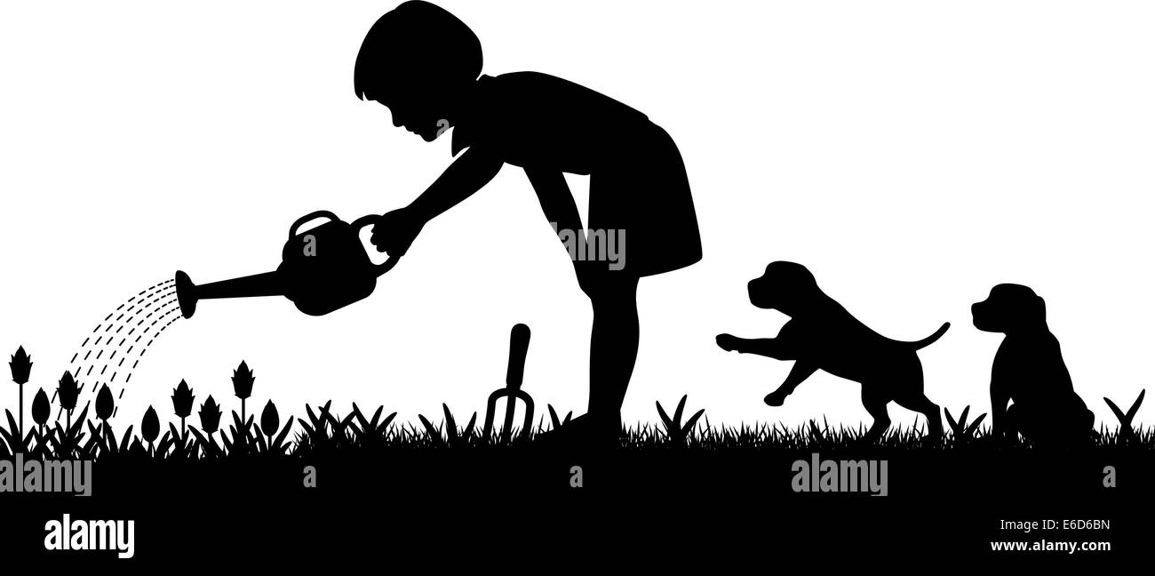 Vettore modificabile silhouette di una giovane ragazza abbeveraggio il suo giardino e due cuccioli con figure come oggetti separati Illustrazione Vettoriale