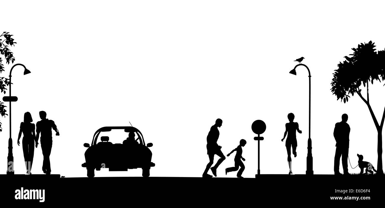 Vettore modificabile silhouette di una strada molto trafficata con tutti gli elementi come oggetti separati Illustrazione Vettoriale