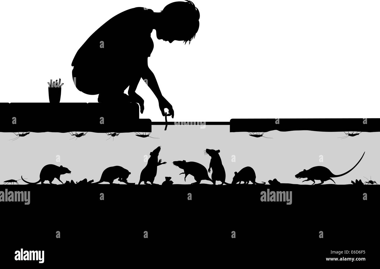 Vettore modificabile sagome di un giovane ragazzo in ratti di alimentazione in una strada di fognature con tutti i dati come oggetti separati Illustrazione Vettoriale