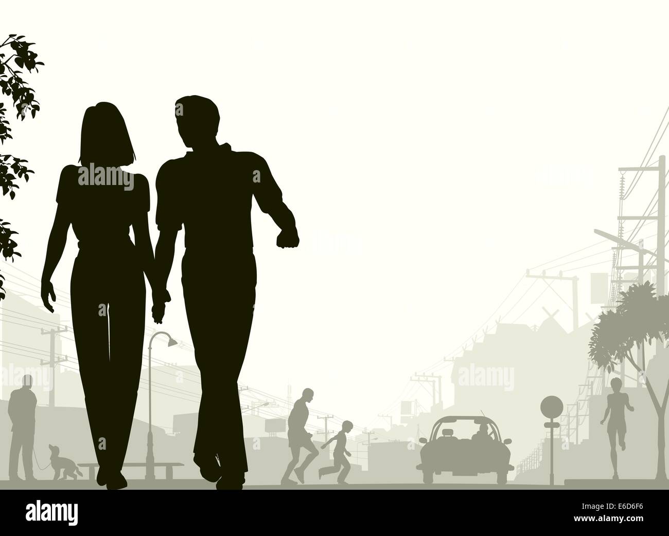 Vettore modificabile silhouette di un paio di camminare per strada con tutti gli elementi di Silhouette come oggetti distinti. Illustrazione Vettoriale
