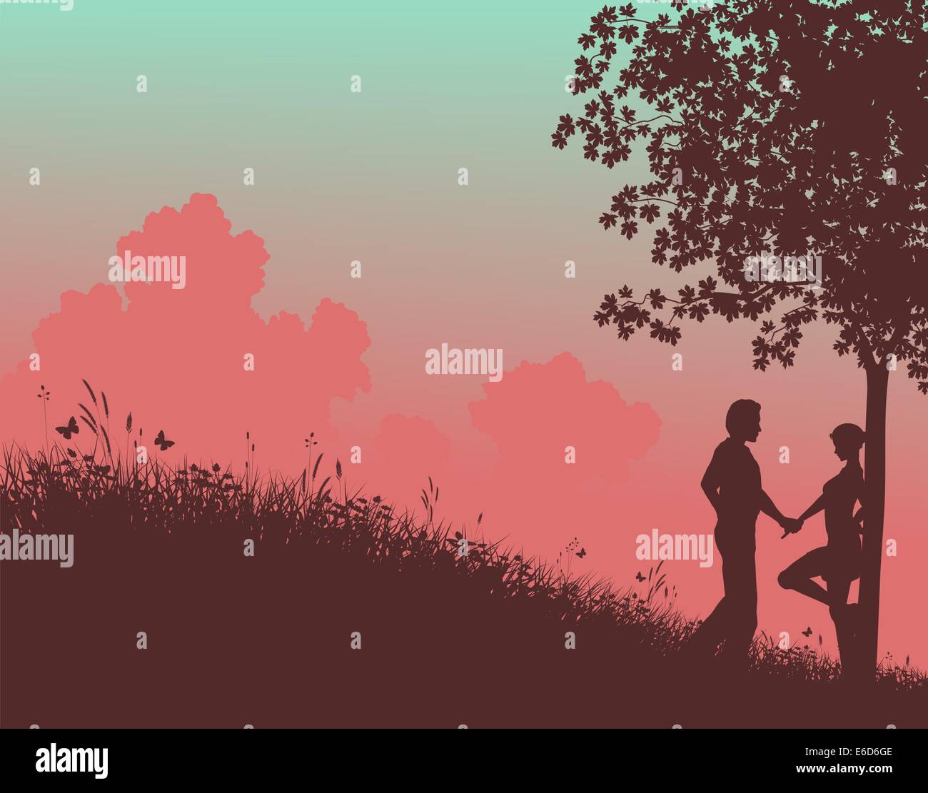 Vettore modificabile silhouette di una giovane coppia in un campo con la gente, albero e l'erba come elementi separati Illustrazione Vettoriale