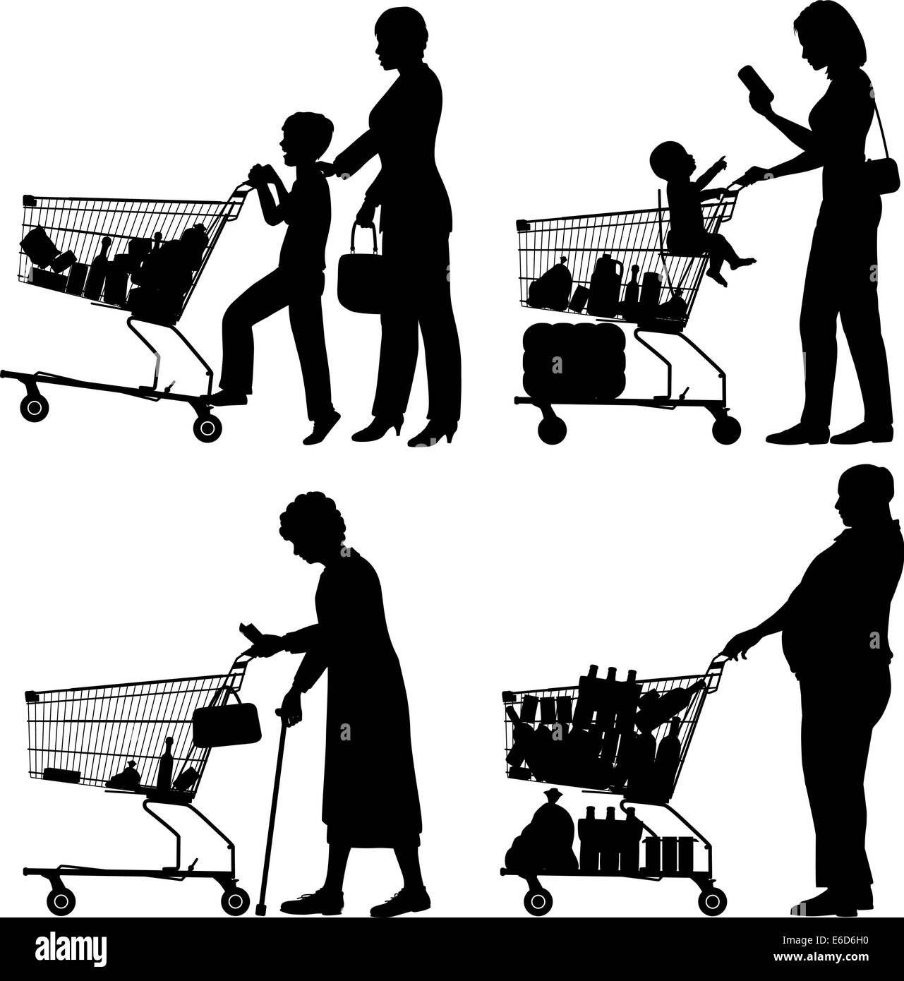 Vettore modificabile sagome delle persone e il loro supermercato carrelli di shopping con tutti gli elementi come oggetti separati Illustrazione Vettoriale