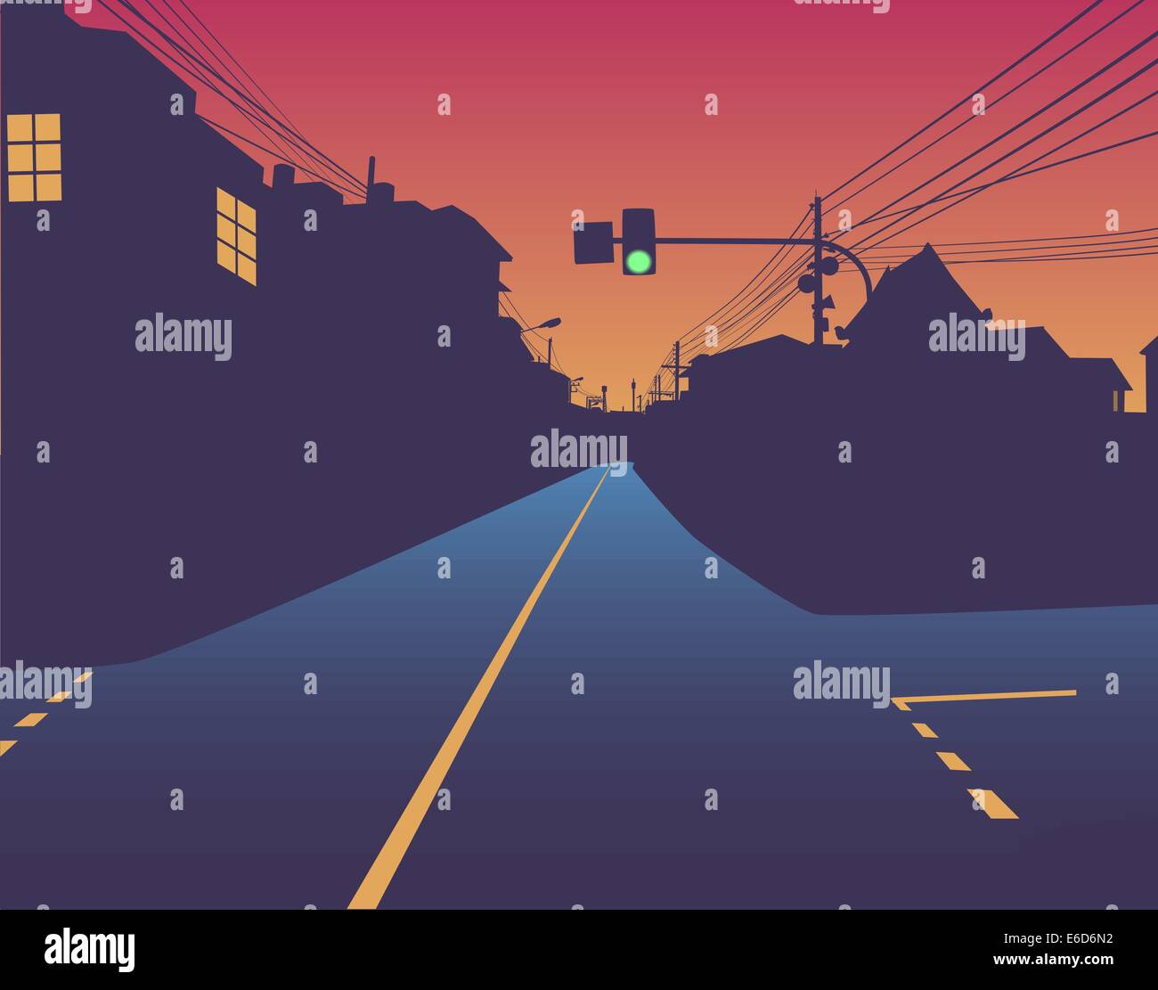 Modificabile design vettoriali del semaforo verde su una strada vuota al tramonto Illustrazione Vettoriale