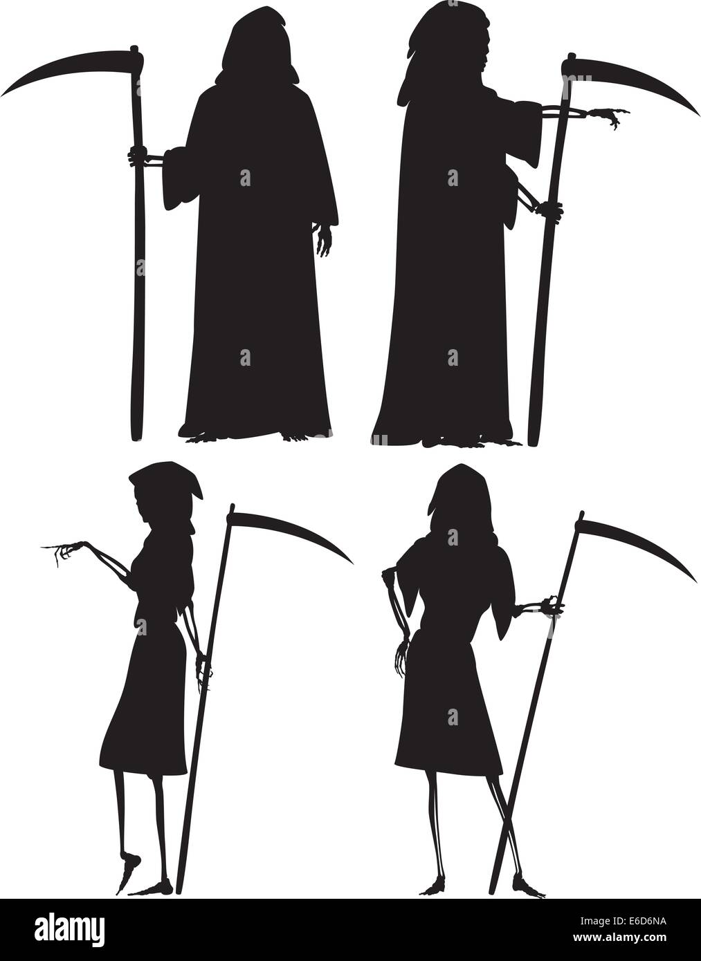 Modificabile sagome vettoriali del Grim Reaper e sua moglie Grim Reapress con Falci come oggetti separati Illustrazione Vettoriale