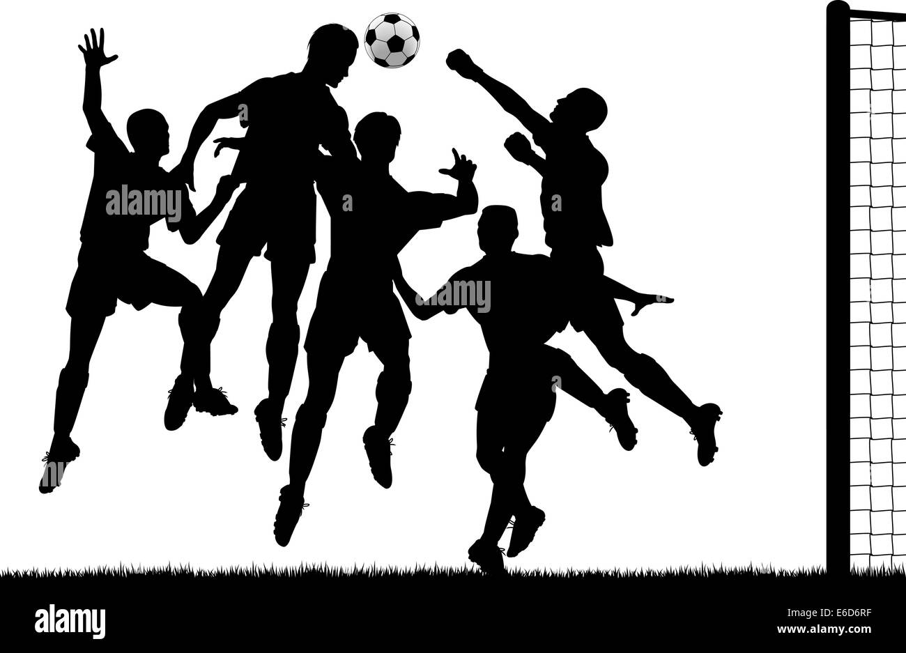 Vettore modificabile silhouette di un calciatore voce la palla al traguardo con tutti i giocatori come oggetti separati Illustrazione Vettoriale