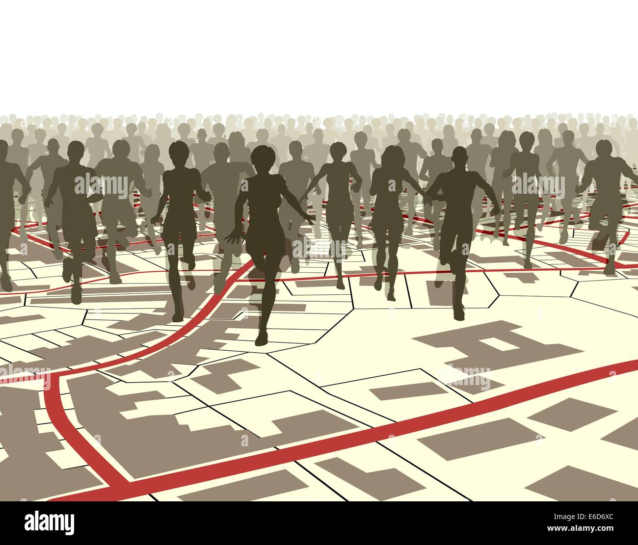 Modificabile illustrazione vettoriale di una folla di persone che corrono su una generica mappa stradale Illustrazione Vettoriale