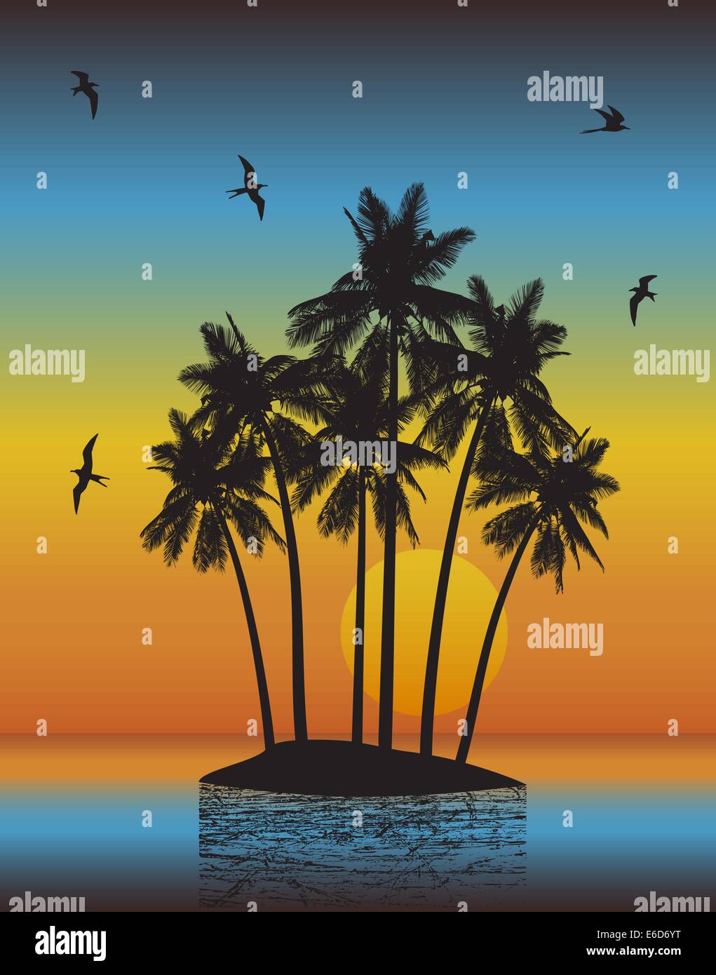Illustrazione vettoriale di un'isola tropicale con il tramonto del sole uso dei gradienti Illustrazione Vettoriale