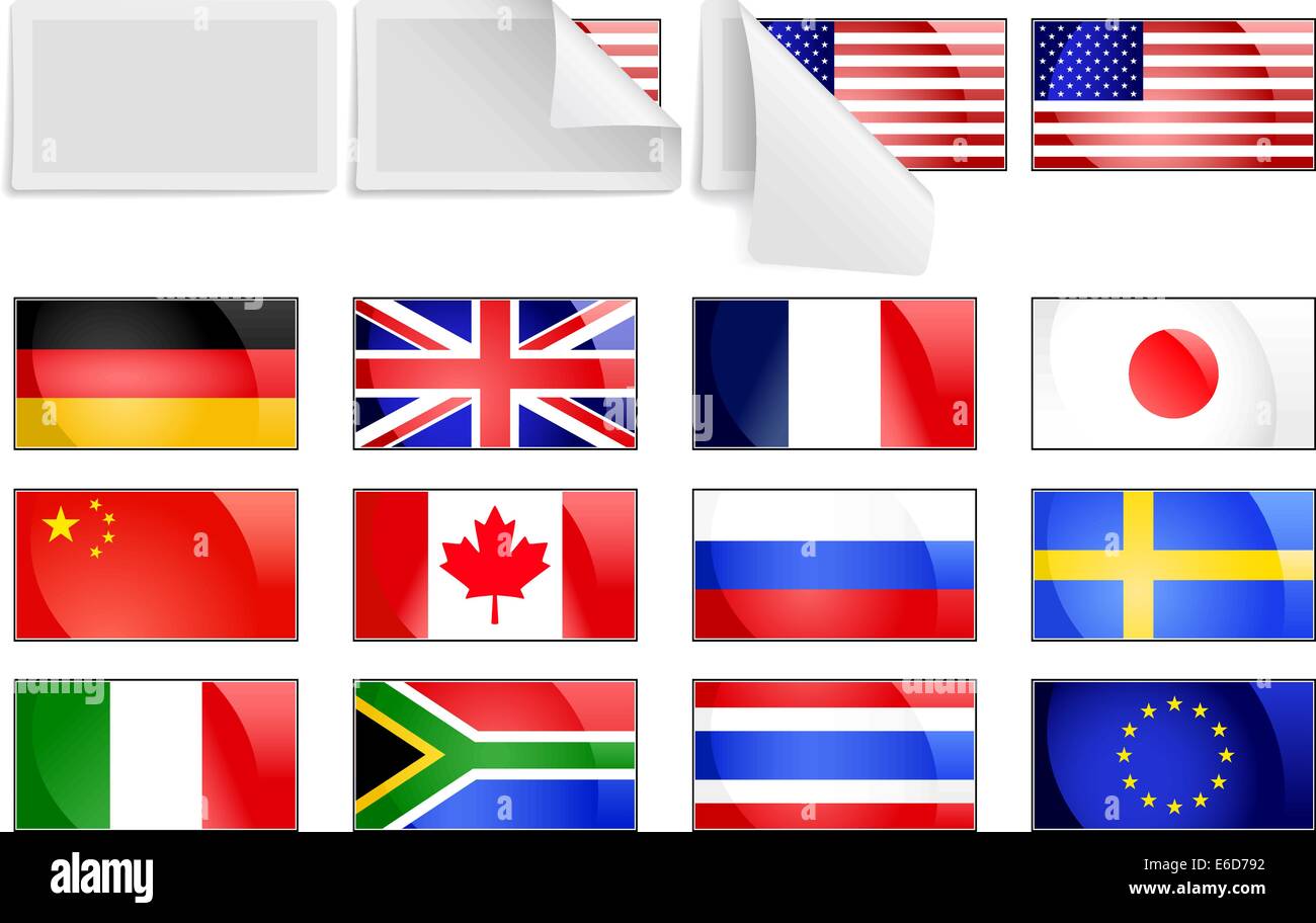 Vettore modificabile e una selezione di fresche luminose internazionale il trasferimento di bandiera adesivi con coperchio unpeeling Illustrazione Vettoriale