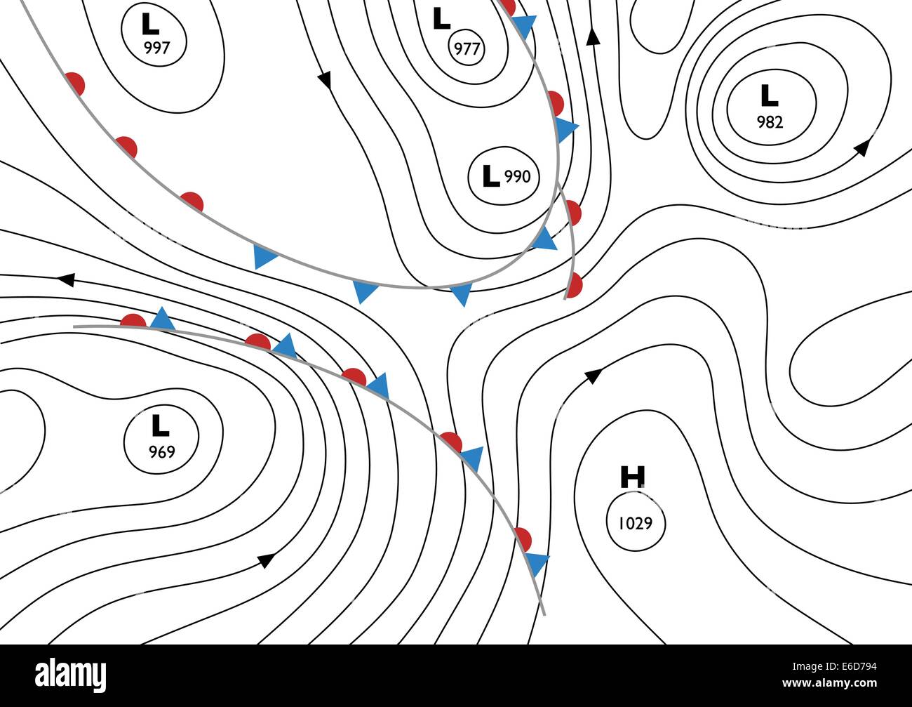 Modificabile illustrazione vettoriale di una generica mappa meteo mostra isobare e fronti meteo Illustrazione Vettoriale