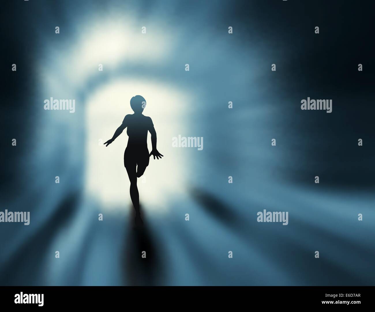 Vettore modificabile silhouette di una donna in esecuzione in un tunnel con sfondo realizzato utilizzando un gradiente mesh Illustrazione Vettoriale