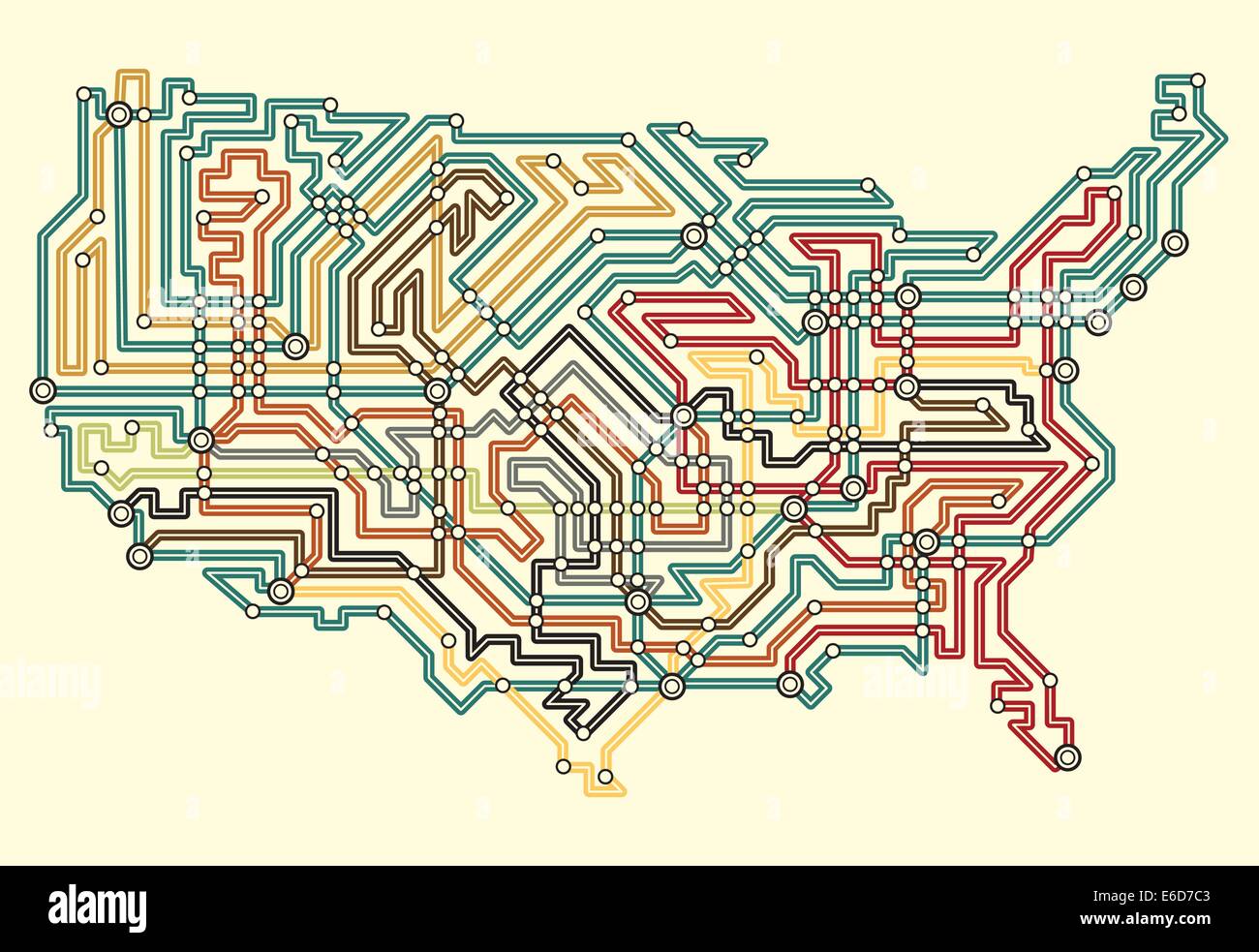 Vettoriale modificabile mappa illustrata degli USA nella mappa metropolitana style Illustrazione Vettoriale