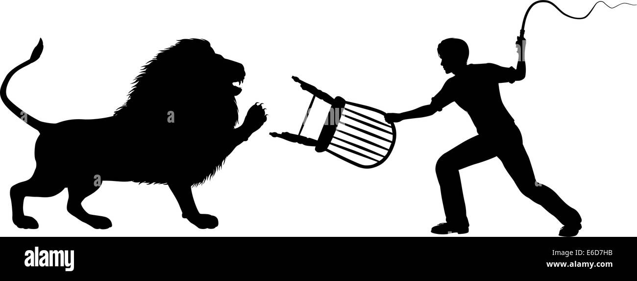 Vettore modificabile silhouette di un leone-addomesticare l uomo con la frusta e la sedia Illustrazione Vettoriale