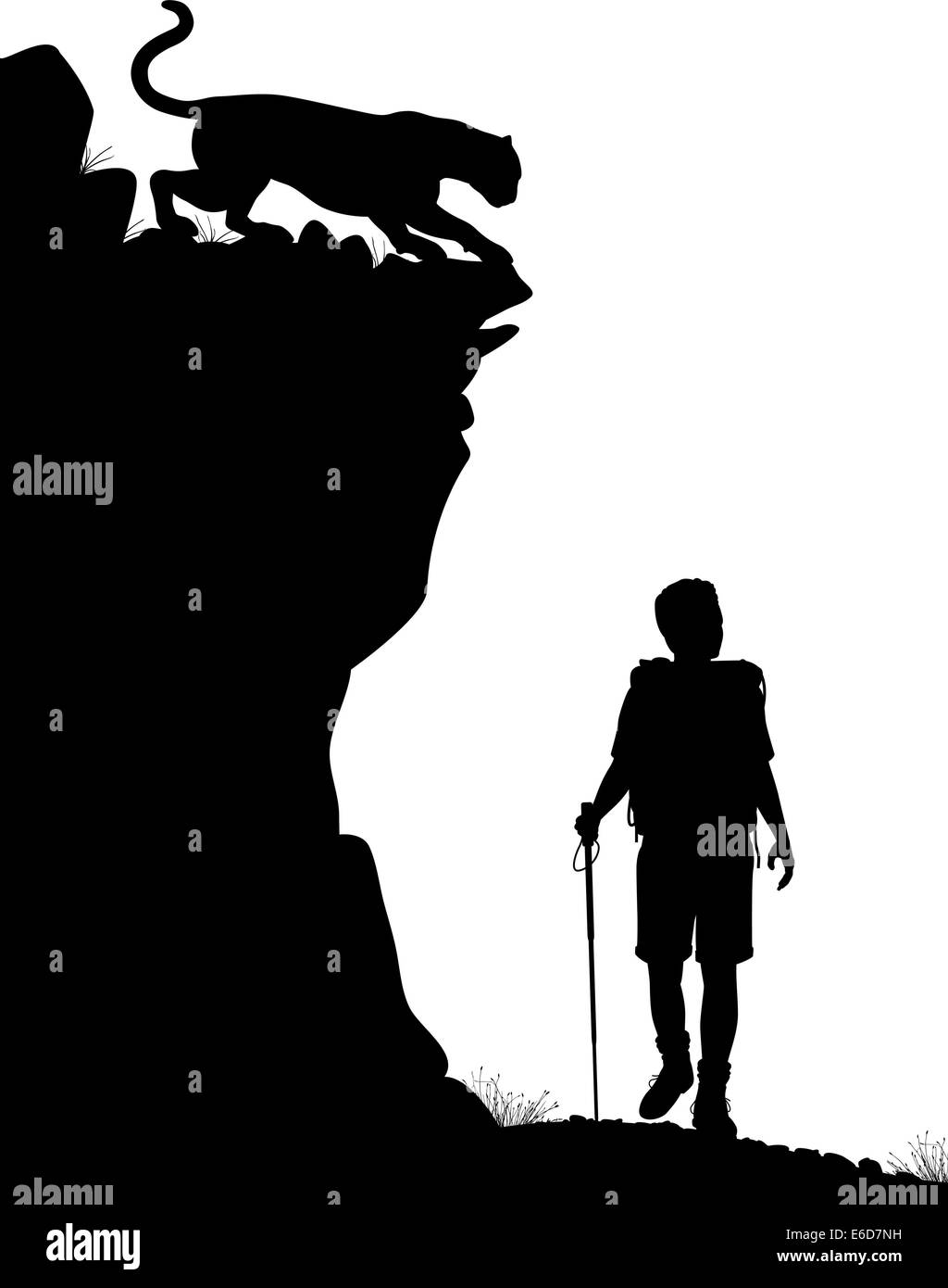 Vettore modificabile silhouette di un escursionista solitario essendo sgambate da una cougar Illustrazione Vettoriale