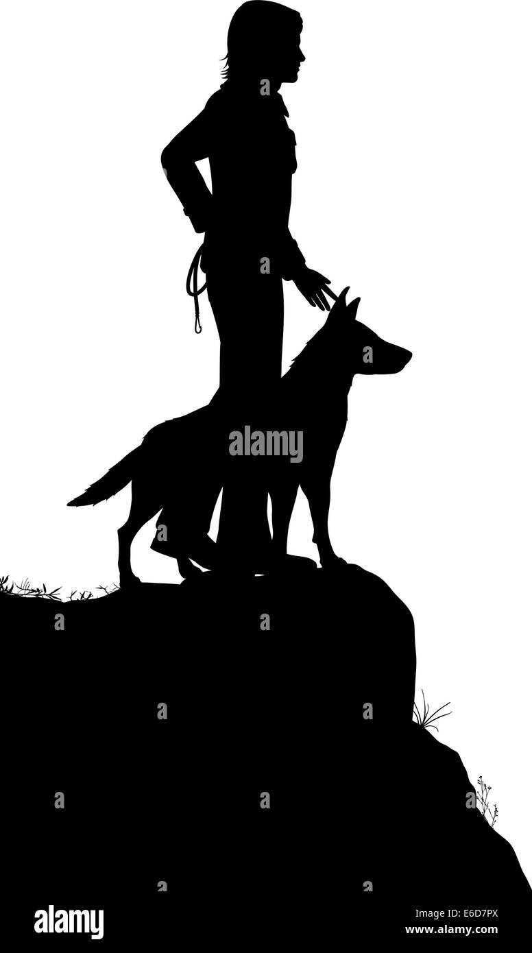 Vettore modificabile silhouette di un uomo e il suo cane in piedi su un promontorio roccioso con figure come oggetti separati Illustrazione Vettoriale