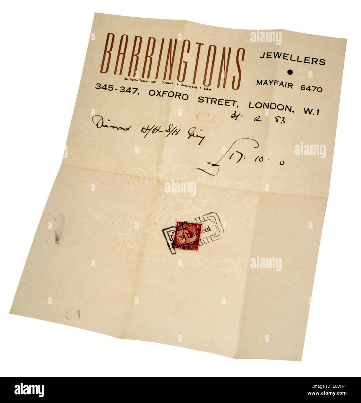 Ricevuta per jewelery corona diamantata datata 1953, Londra, Inghilterra, Regno Unito; Alan Calford dell anello di nozze acquisto per il nocciolo Foto Stock