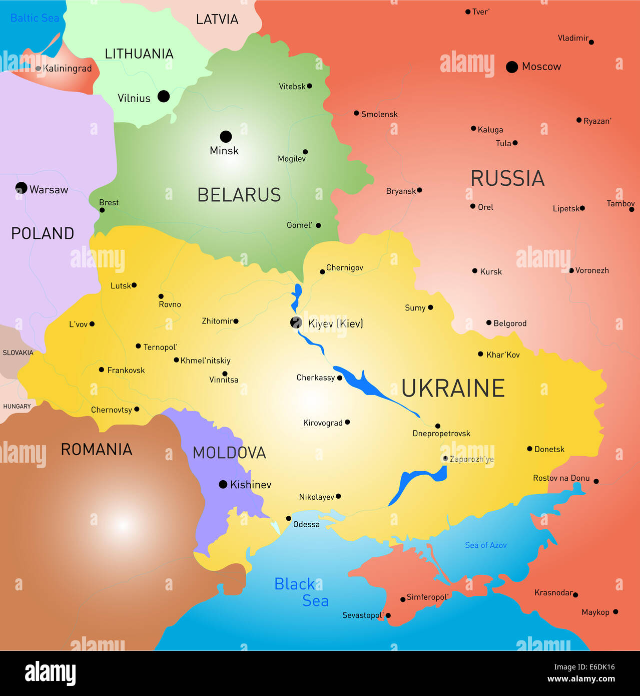 Ucraina mappa politico con capitale Kiev, confini nazionali importanti città, fiumi e laghi. Etichetta inglese e la scala Foto stock - Alamy