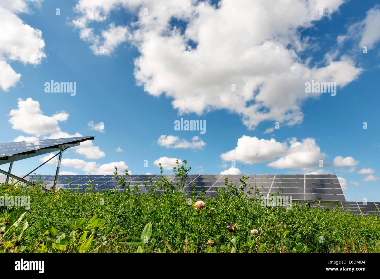 Pannello solare campo in Baviera Germania con cielo blu e nuvole Foto Stock