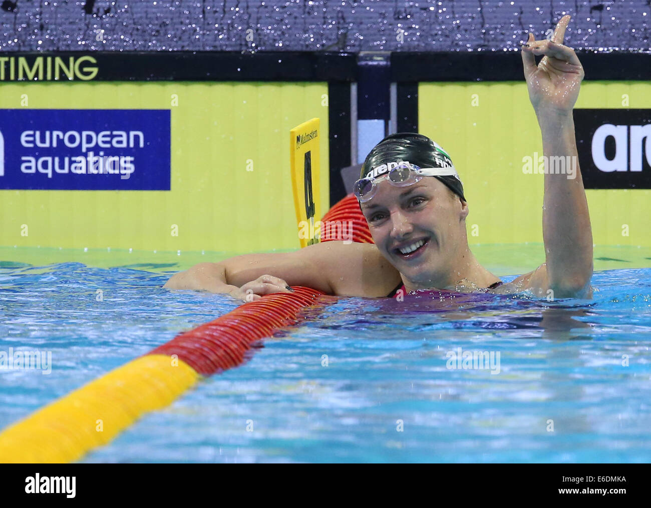 Berlino, Germania. 21 Ago, 2014. Katinka Hosszu di Ungheria reagisce dopo la donna 200m Medley finale in occasione della trentaduesima LEN European Swimming Championships 2014 presso il velodromo di Berlino, Germania, 21 agosto 2014. Foto: Annibale/DPA/Alamy Live News Foto Stock