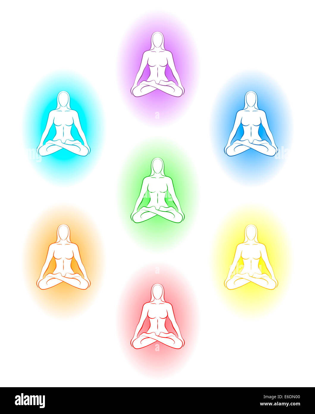 Meditando donna con diversi colori aura del suo corpo sottile. Foto Stock