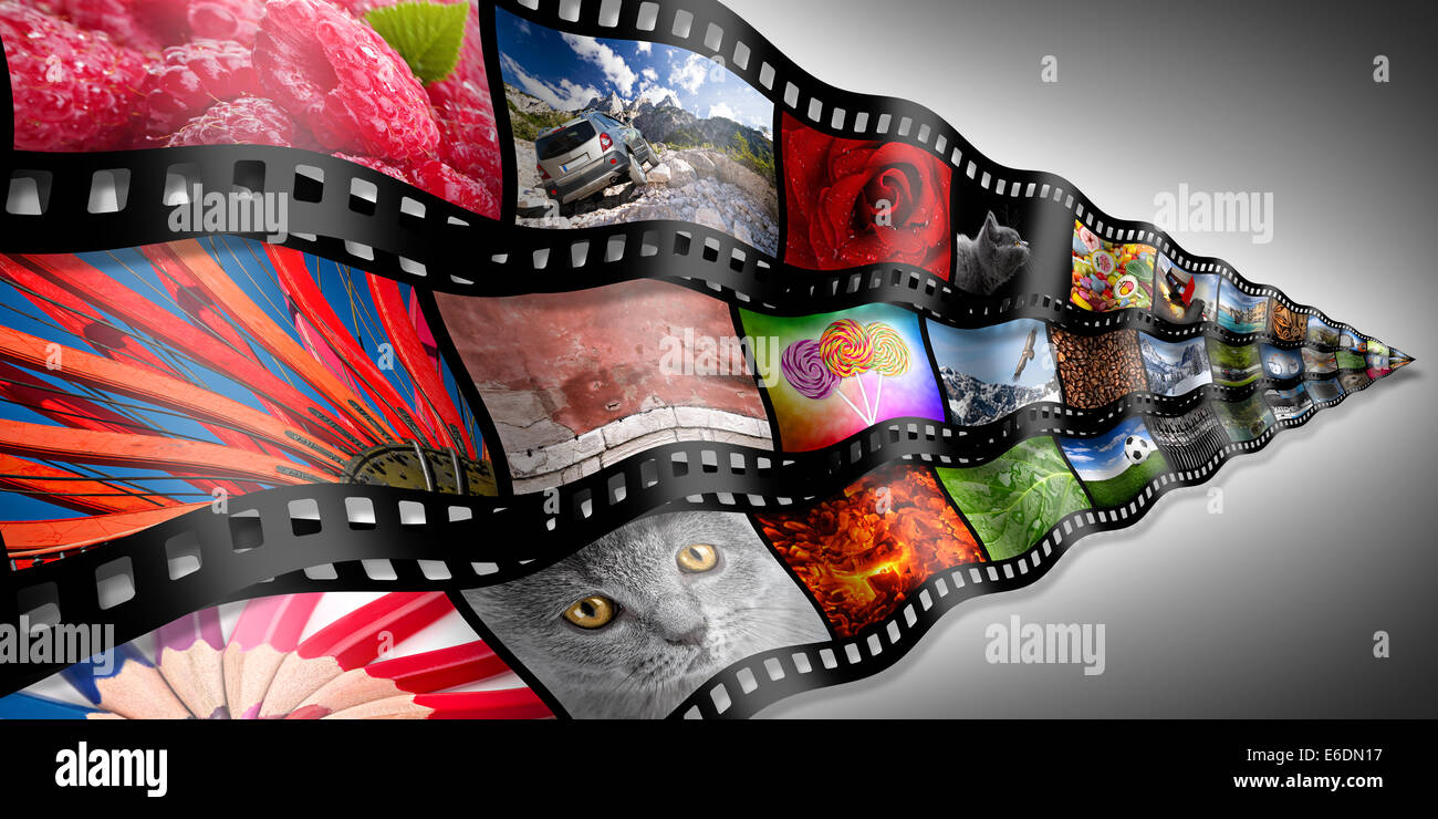 Le strisce di pellicola con molte foto su sfondo grigio Foto Stock