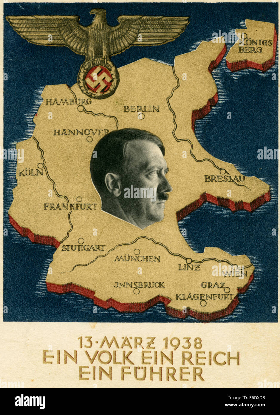 Adolf Hitler ritratto sulla mappa di Germania e unificazione con Austria, "Ein Volk Ein Reich Ein Führer", cartolina, 1938 Foto Stock