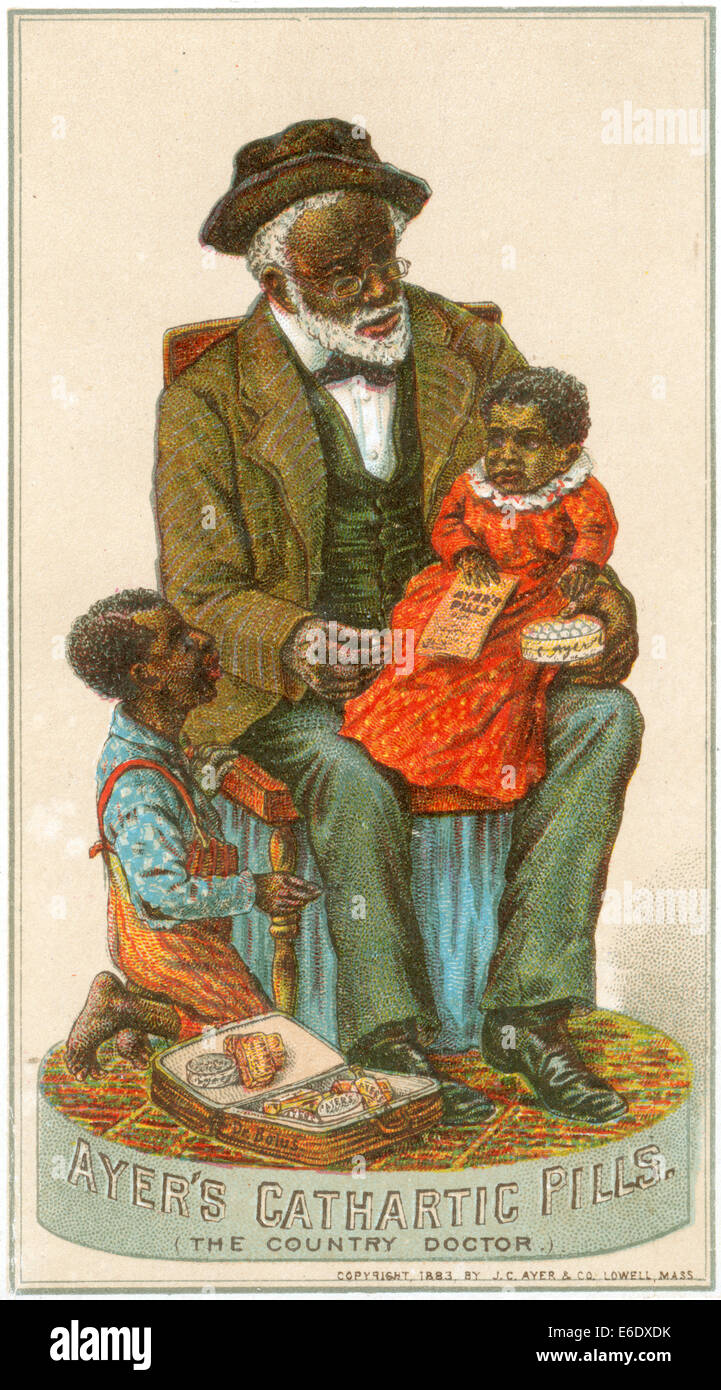 Maschio anziano medico seduto con due bambini, scheda commerciale, "Il medico di paese", Ayer's catartica pillole, USA, circa 1883 Foto Stock