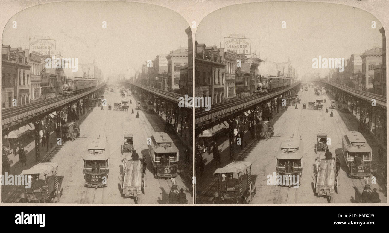 Scena di strada, Bowery, New York City, Stati Uniti d'America, 'lungo la notato Bowery, New York STATI UNITI D'AMERICA', Stereo scheda, 1896 Foto Stock
