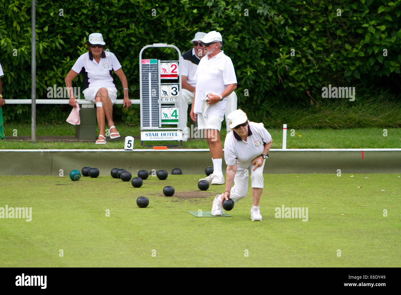 Prato bowling a Waitangi nella Baia delle Isole, Isola del nord, Nuova Zelanda. Foto Stock