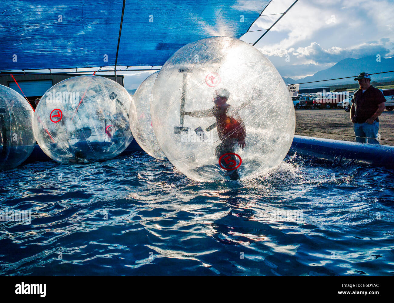 I bambini giocano in acqua bolle grandi sfere gonfiato flottante in una piscina di acqua, Chaffee County Fair, Colorado, STATI UNITI D'AMERICA Foto Stock