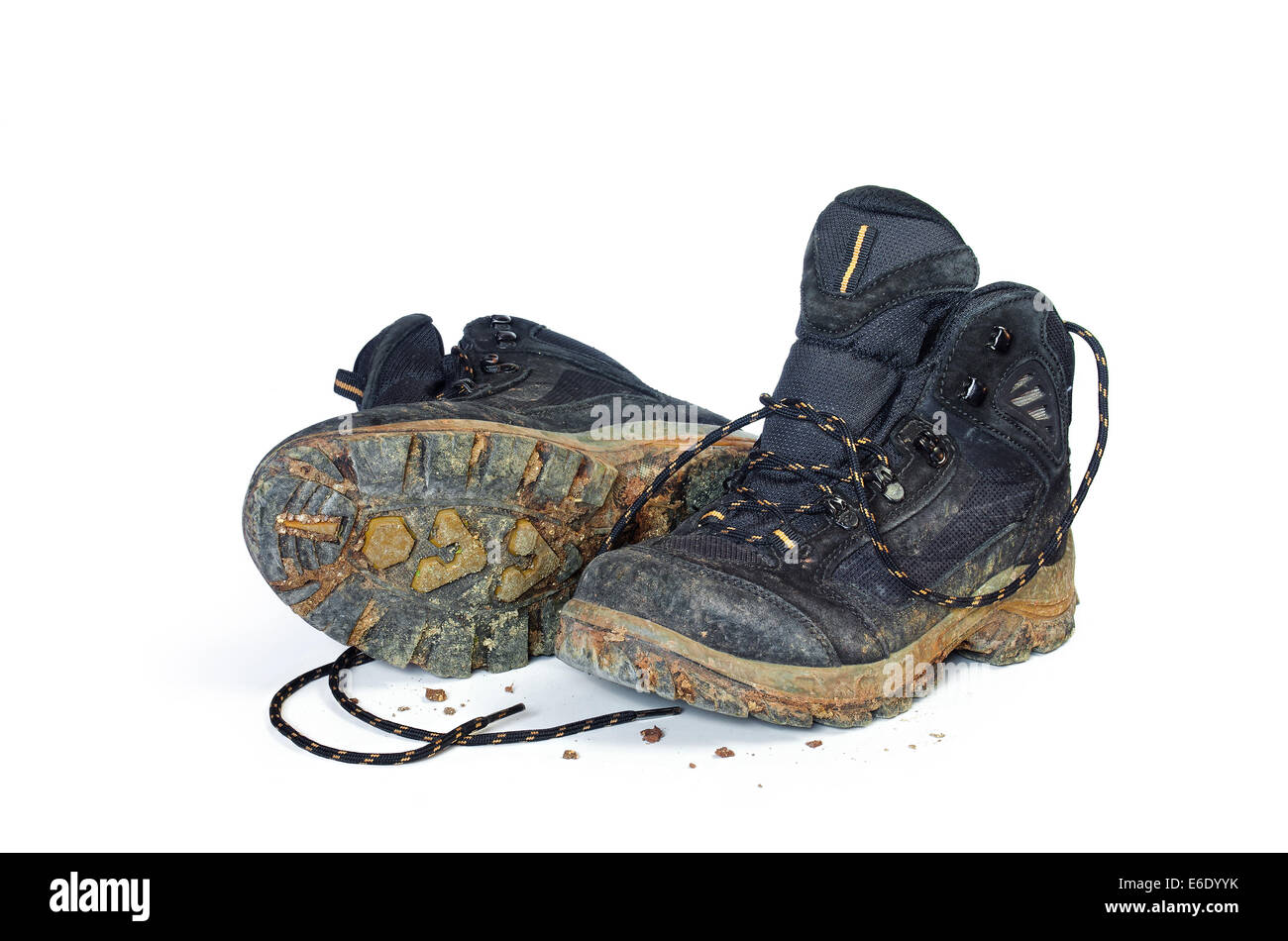 Una coppia di sporco da trekking isolato in uno sfondo bianco Foto Stock