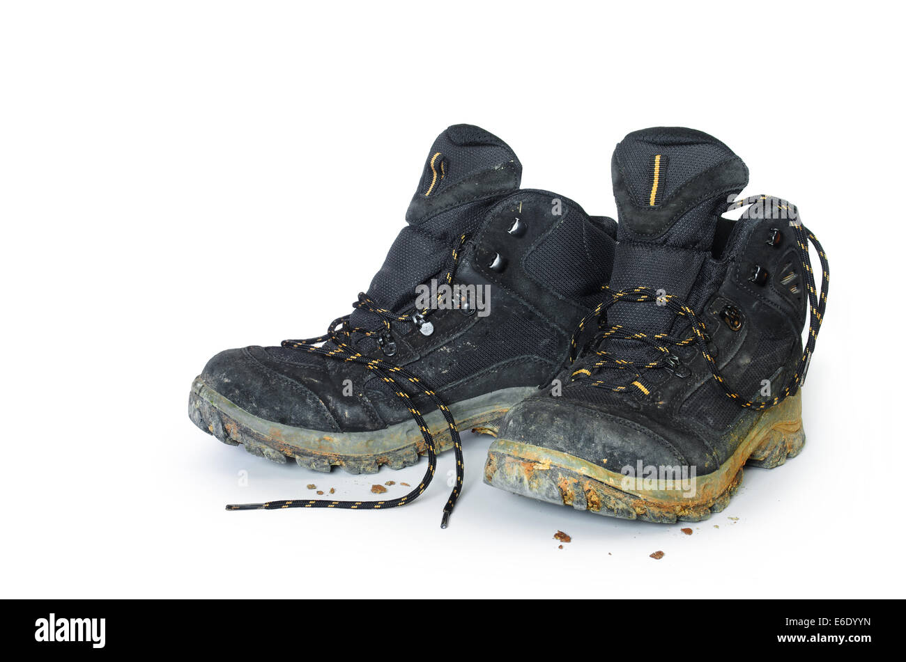 Una coppia di sporco da trekking isolato in uno sfondo bianco Foto Stock