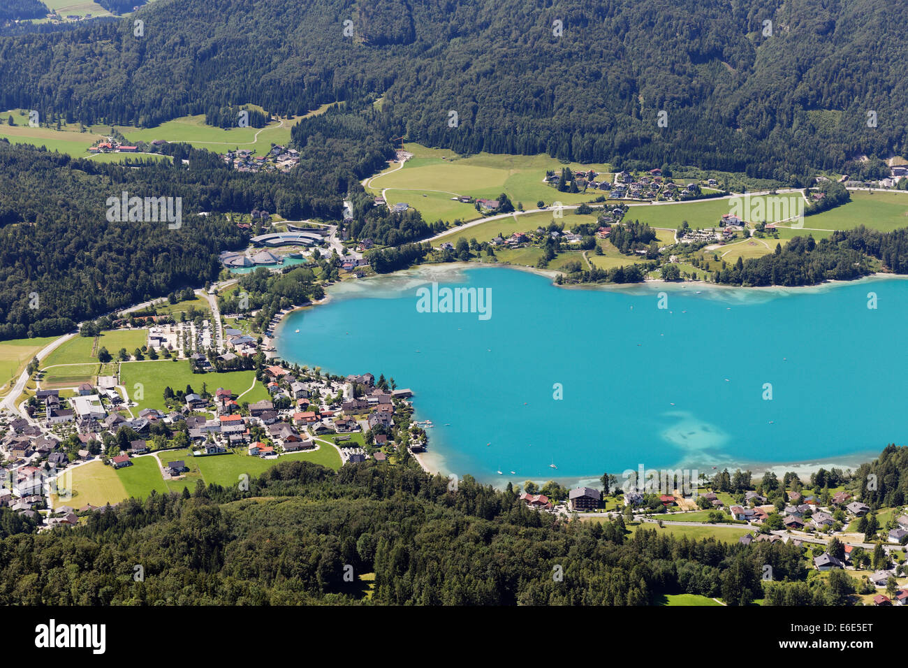 Il lago Fuschl e Fuschl am See, vista dal Frauenkopf, Salzkammergut, Salisburgo stato, Stato di Salisburgo, Austria Foto Stock
