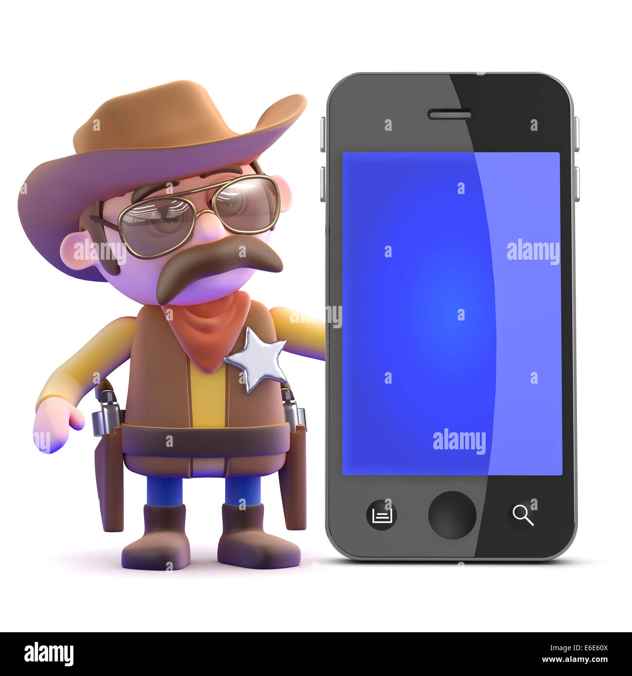 3D render di un cowboy accanto a uno smartphone Foto Stock