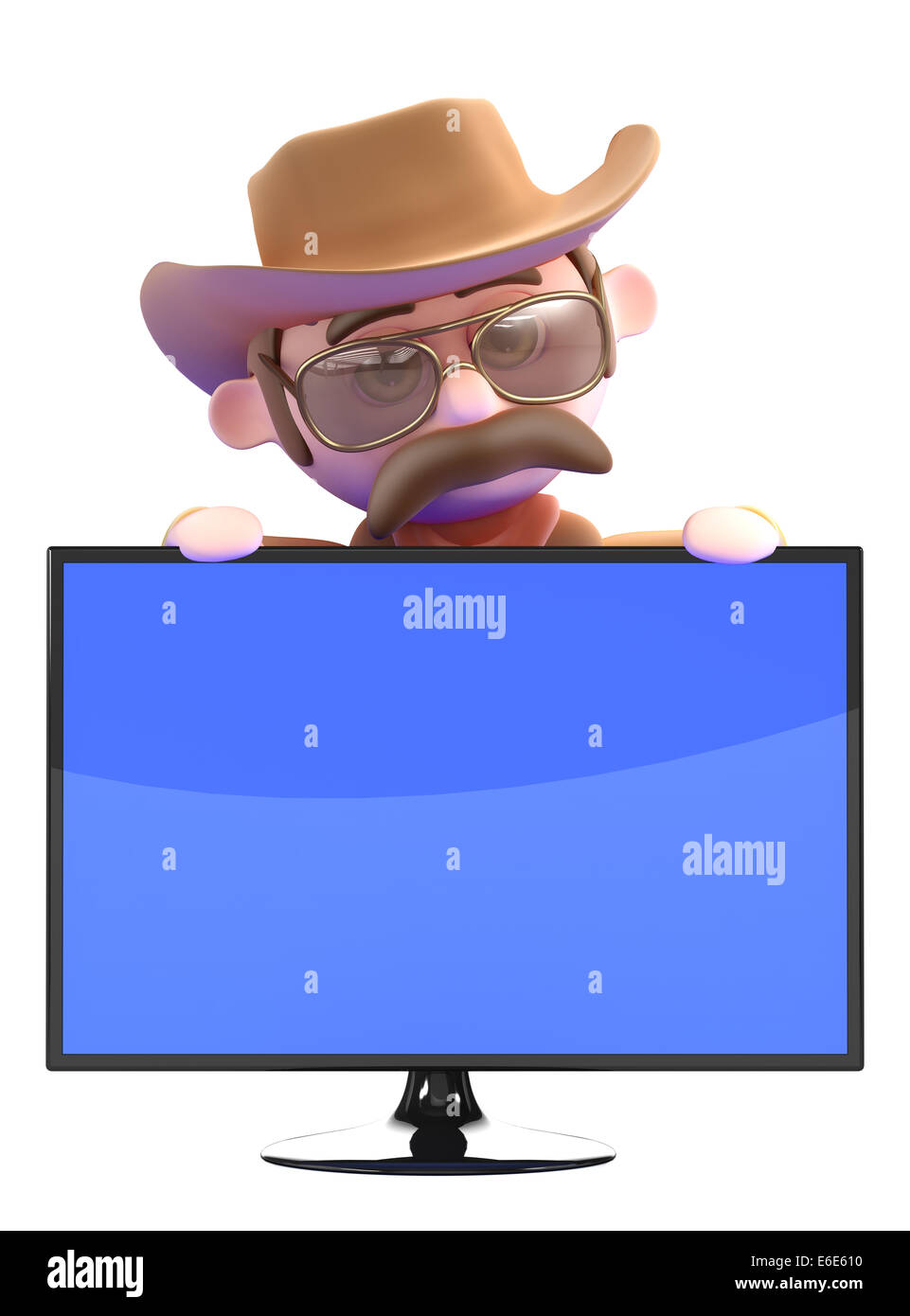 3D render di un cowboy cerca su una televisione a schermo piatto monitor Foto Stock